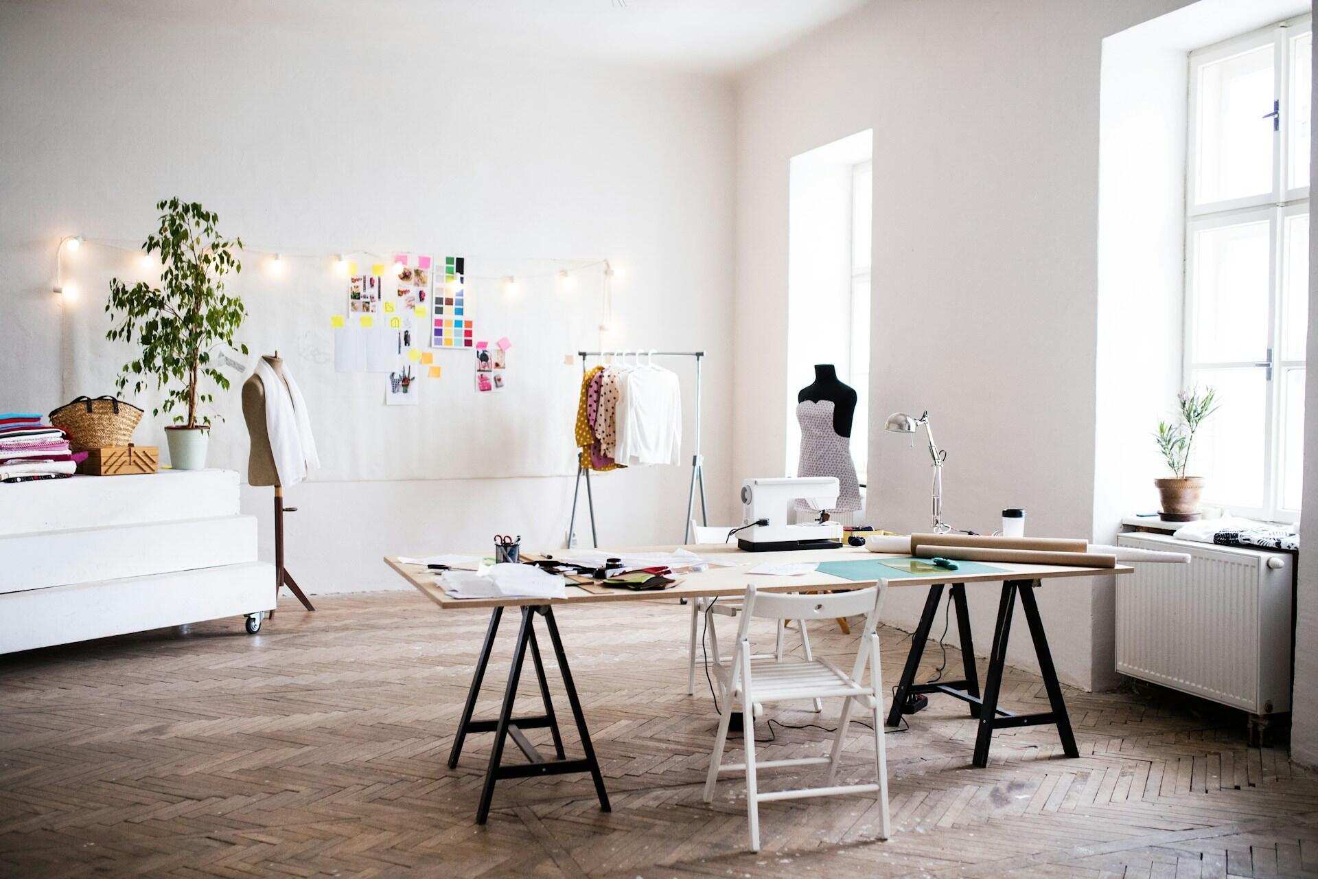 An airy, well-lit room with a table and a white credenza. 