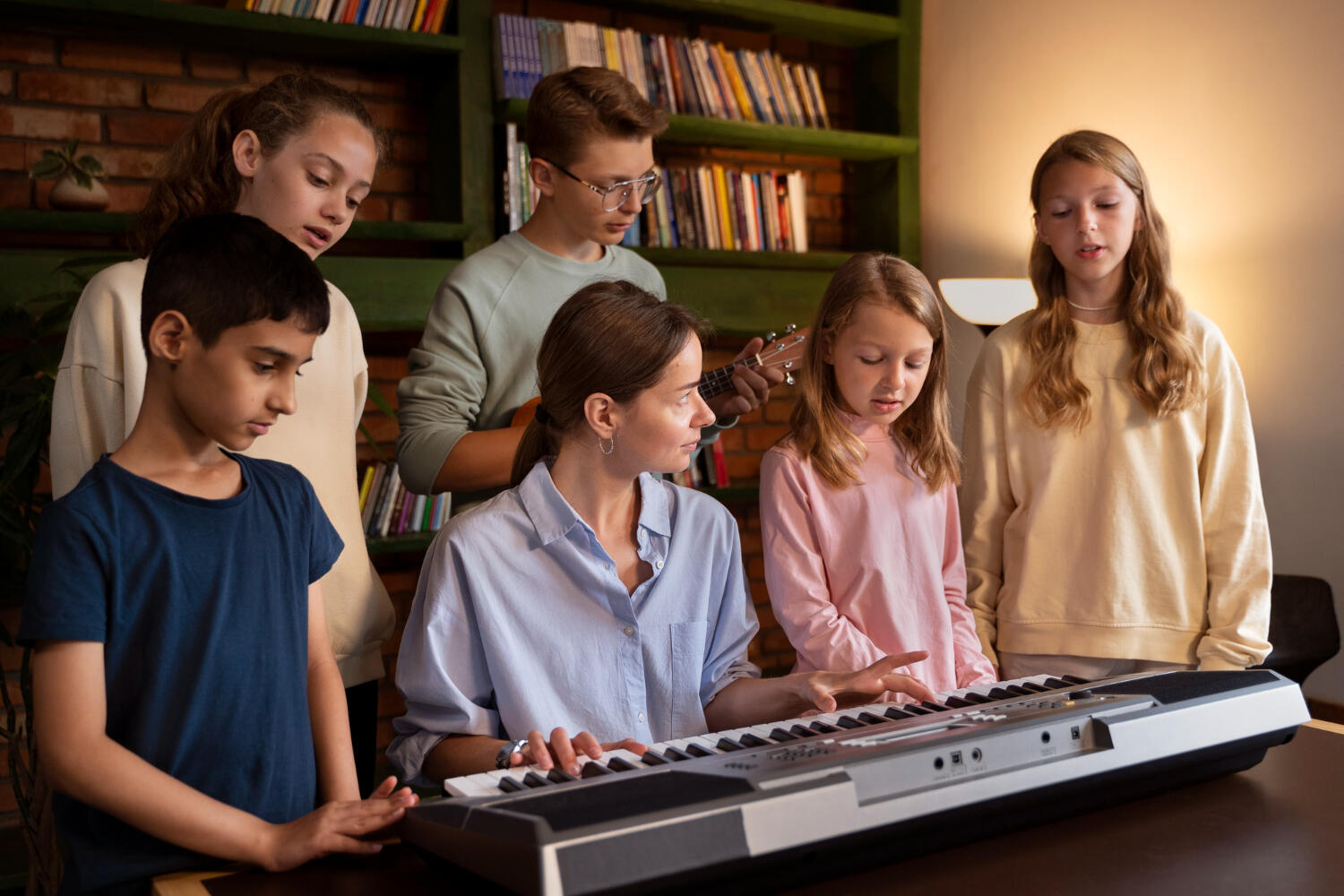 students learning to sing along with piano