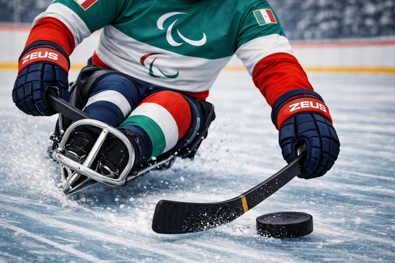 A paraolympic hockey player on ice.