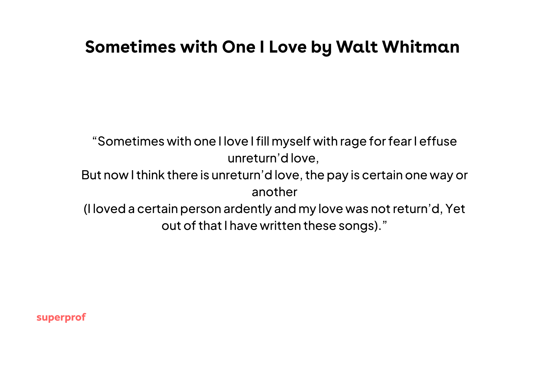 Walt Whitman poem Sometimes with One I Love displayed as centered text, reflecting unreturned love and emotional honesty.