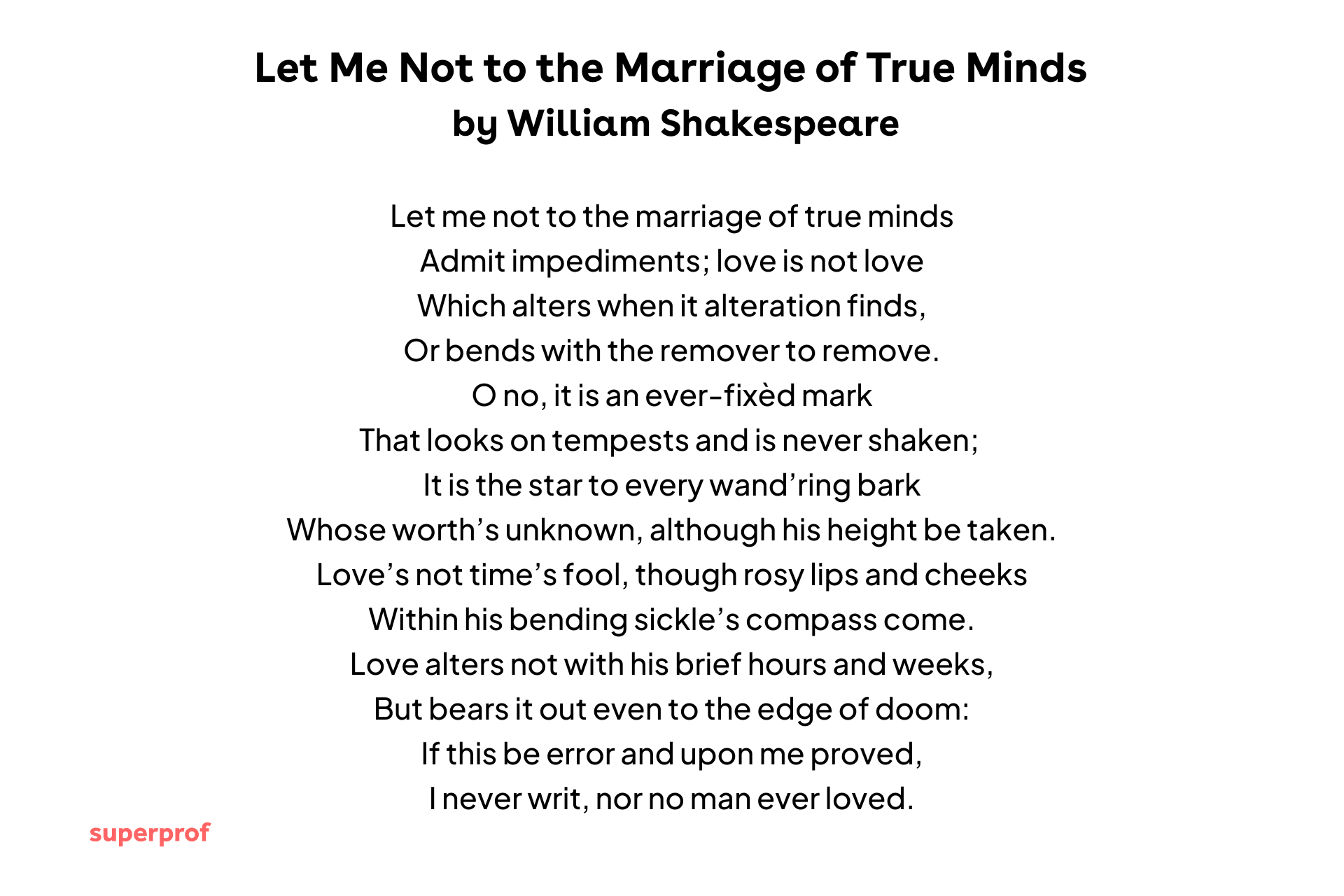 William Shakespeare poem Let Me Not to the Marriage of True Minds displayed as centered text, exploring enduring and unchanging love.