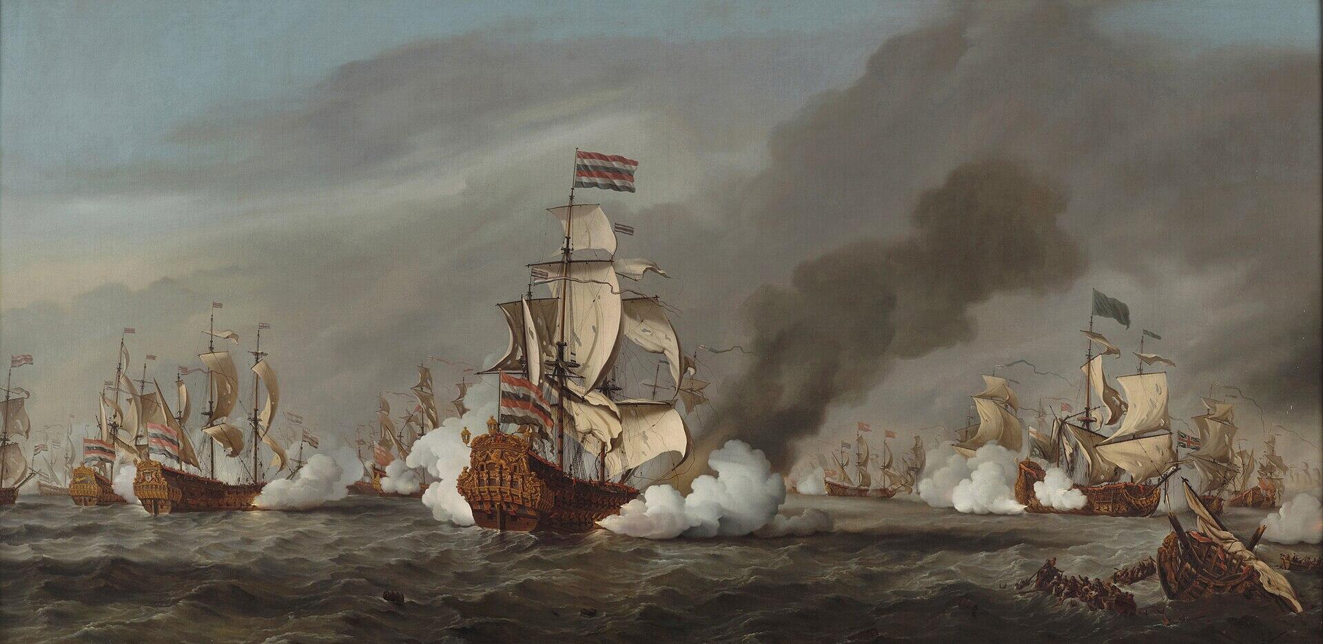 A tableau featuring ships doing battle at sea. 