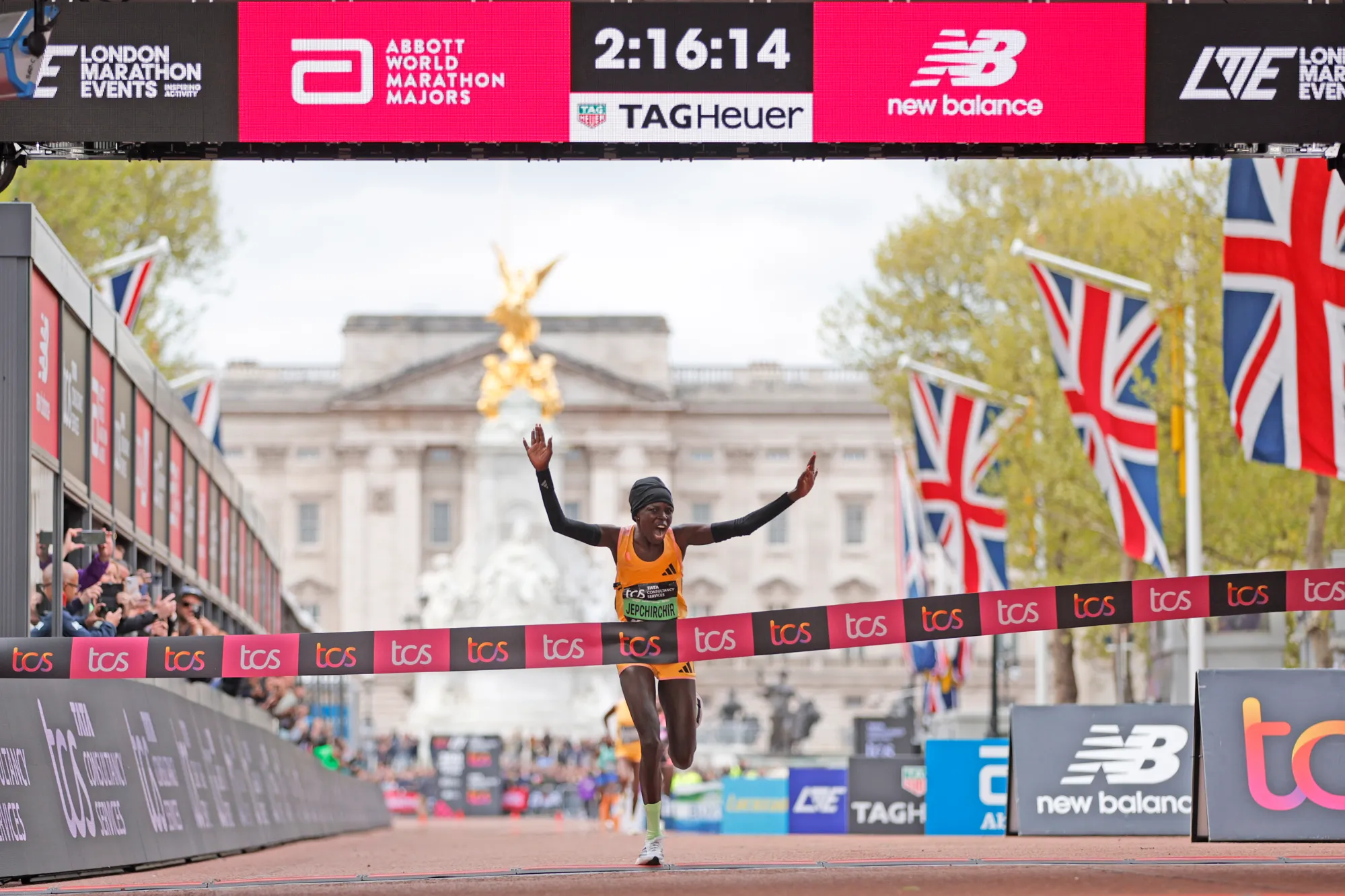Peres Jepchirchir of Kenya is about to cross the finish line to win the women’s race at the London Marathon in London, Sunday, April 21, 2024