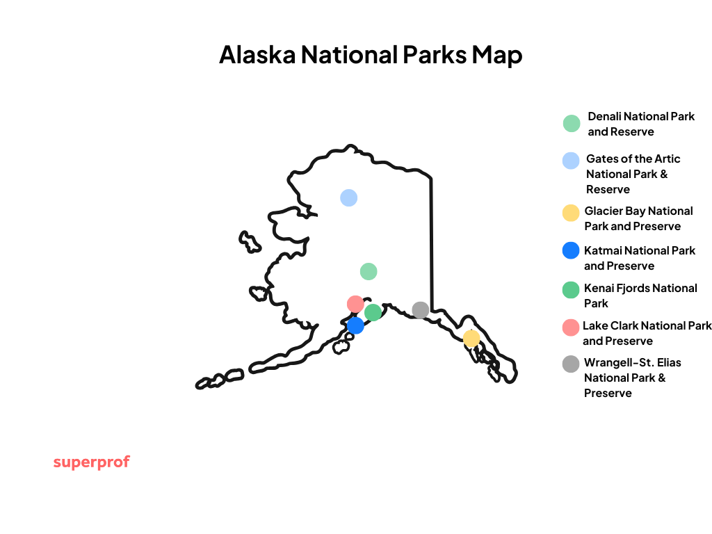 minimalist graphic highlighting the national parks in this article on a simple mad of Alaska