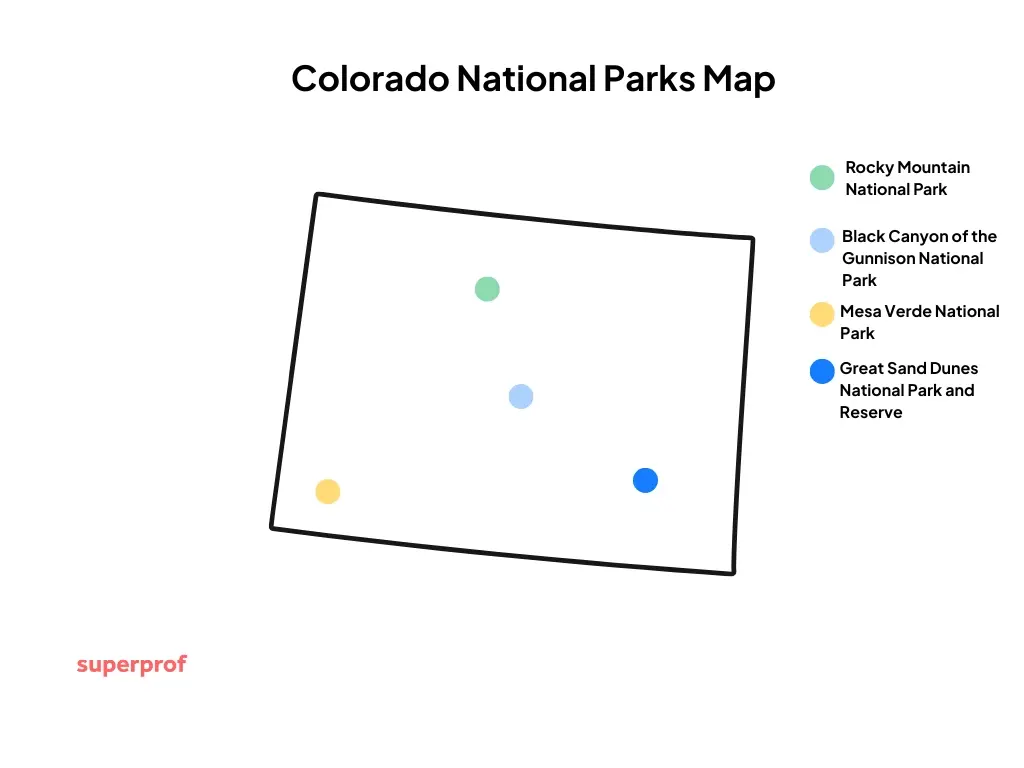 graphic portraying a map of the locations of the four major national parks in Colorado