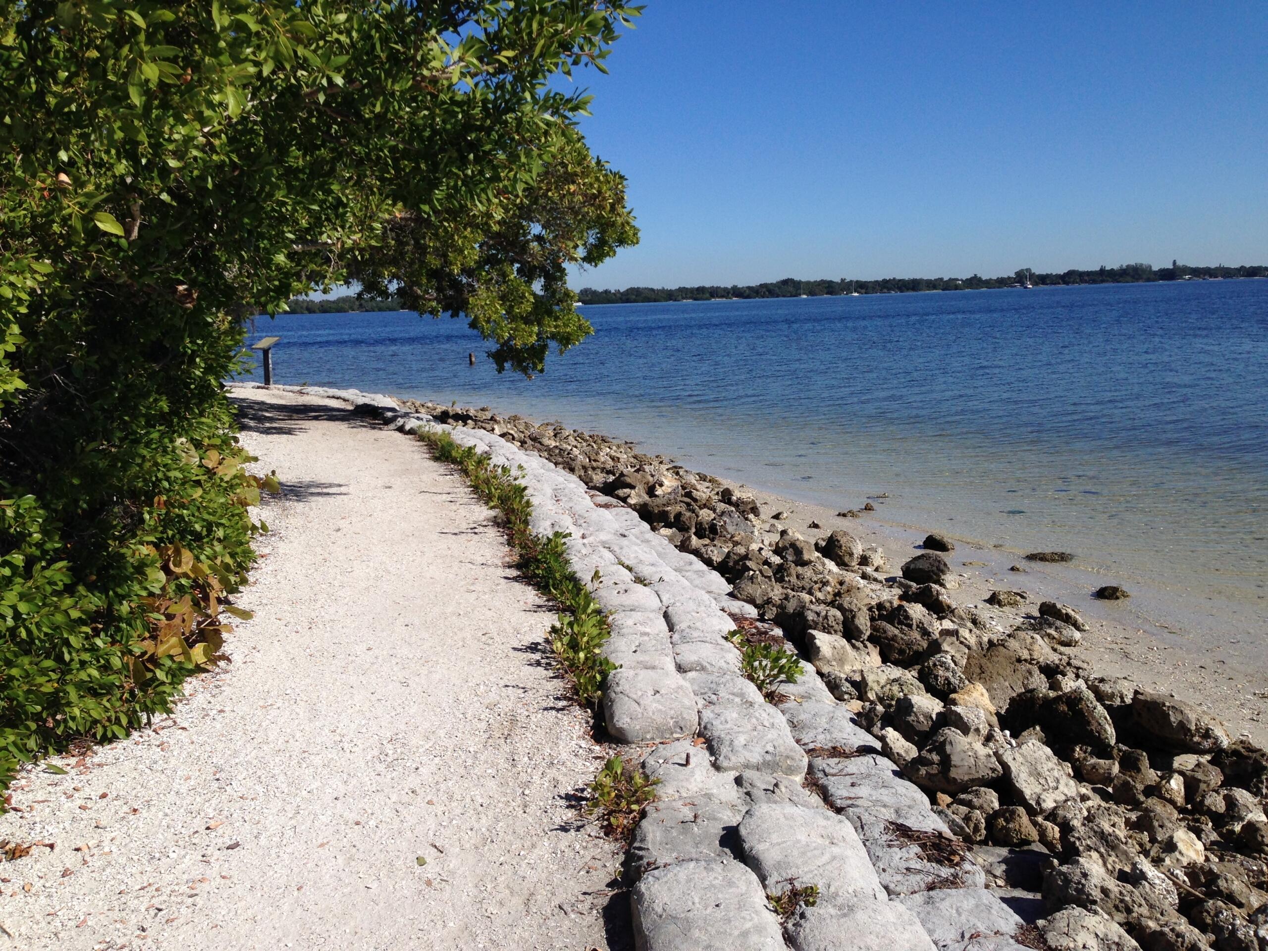 a hard-packed sandy path with greenery on one side and a small rocky slope leading down to the ocean on the other.