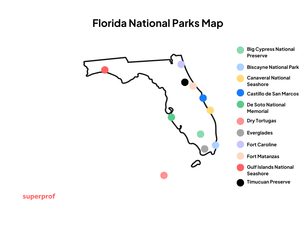 graphic showing a minimalist map of the national parks across Florida