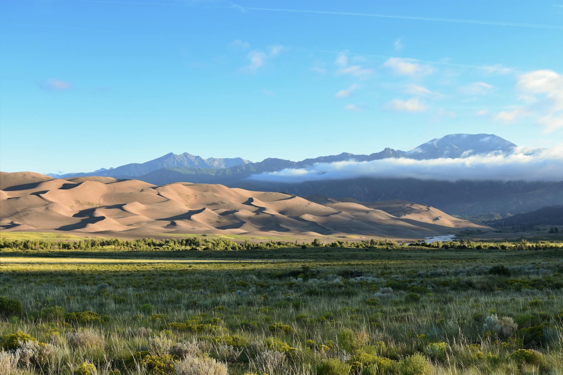 The Great Sand Dunes in the background, with a green grassland in front and tall, snow-peaked mountains in the back