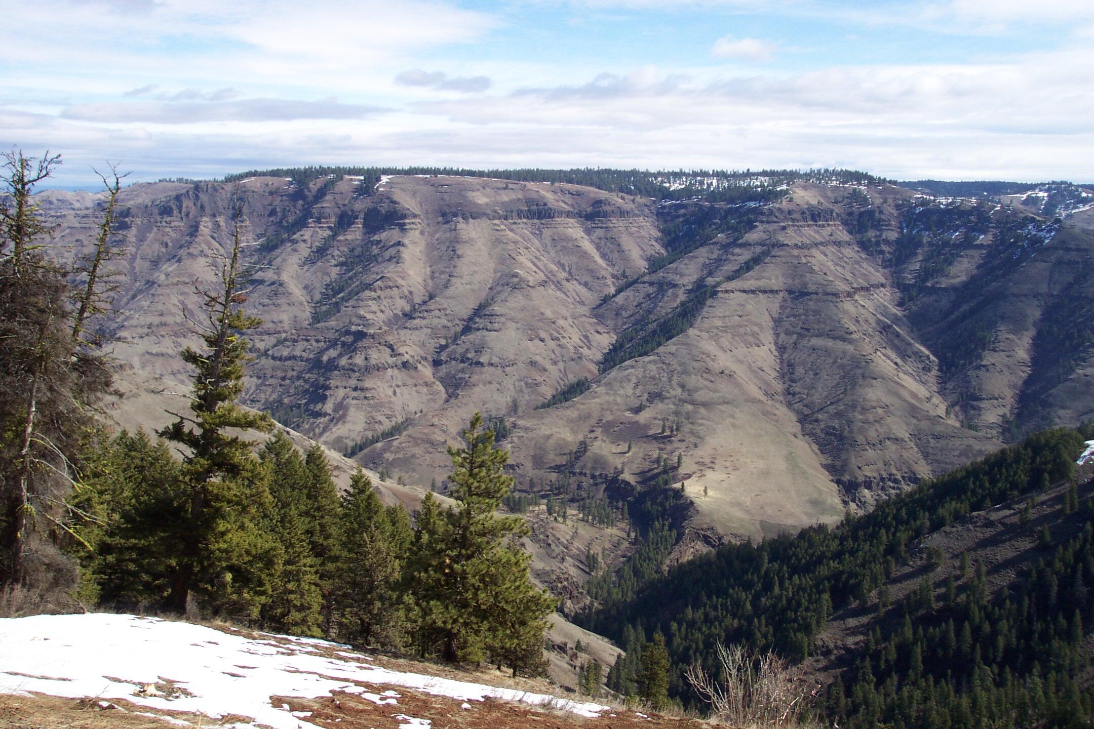 a deep canyon as seen from the top of the cliffs.