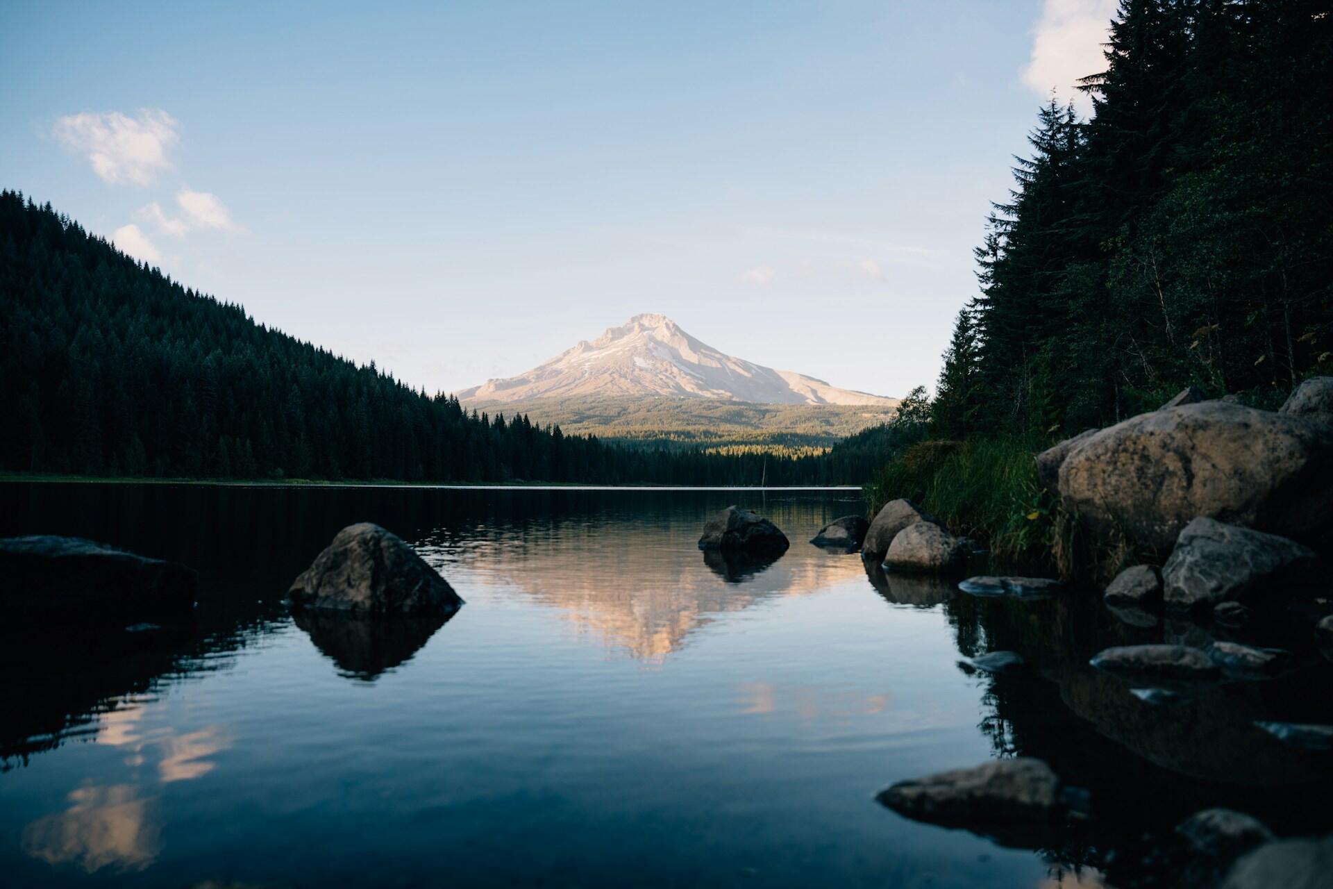 Mount Hood rises in the background, behind a still lake and a green forest