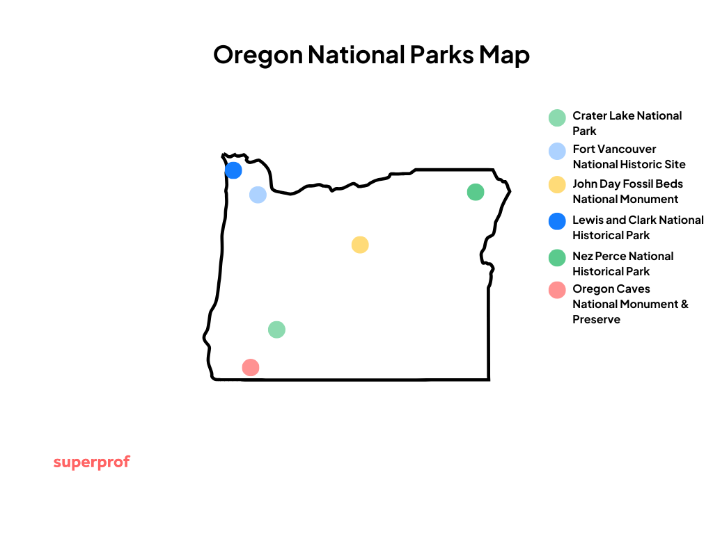 minimalist graphic showing the parks mentioned in this article as dots on a map of Oregon