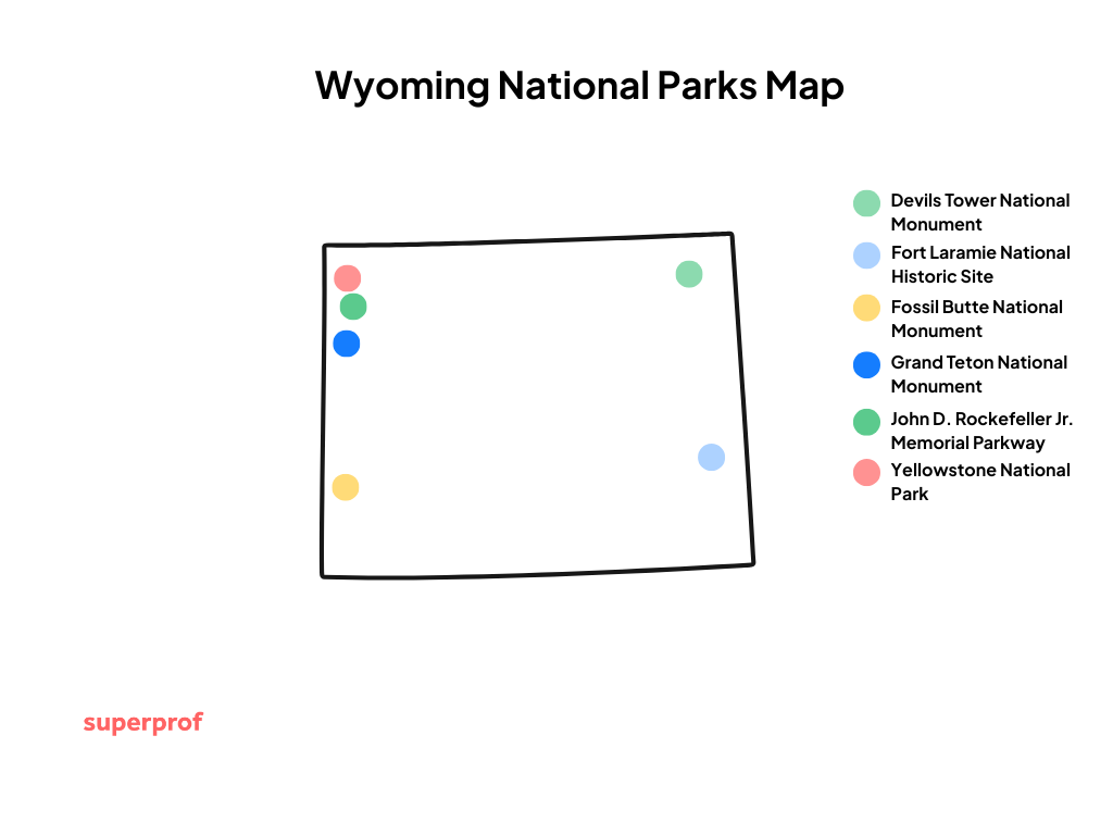 minimalist graphic showing the parks and other monuments mentioned in this article marked on a map of Wyoming