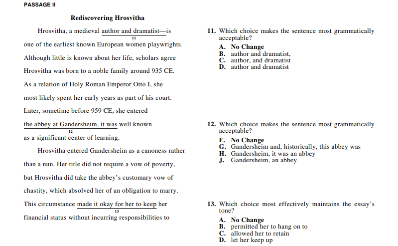 text passage with parts underlined and accompanying questions from a practice ACT test