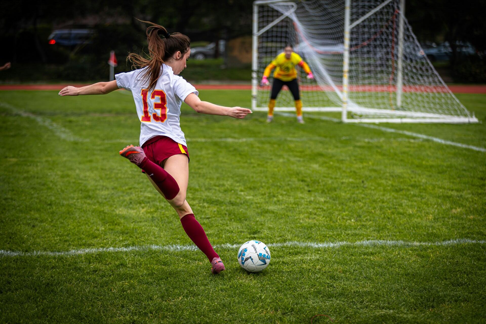 A soccer player readies a kick to the ball while the goalie waits to receive it. 
