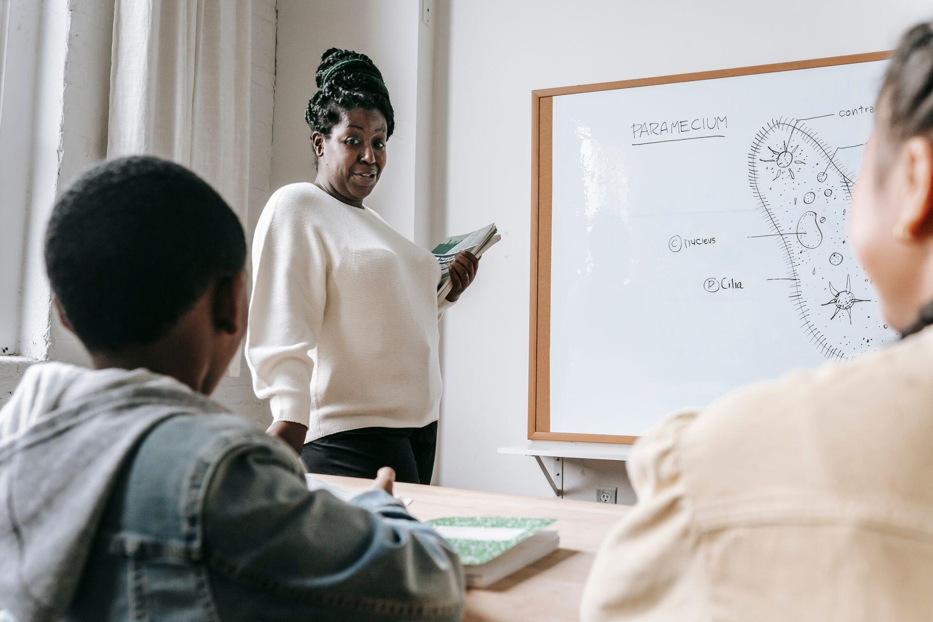 A science teacher pointing to a white board with two students looking up at it.