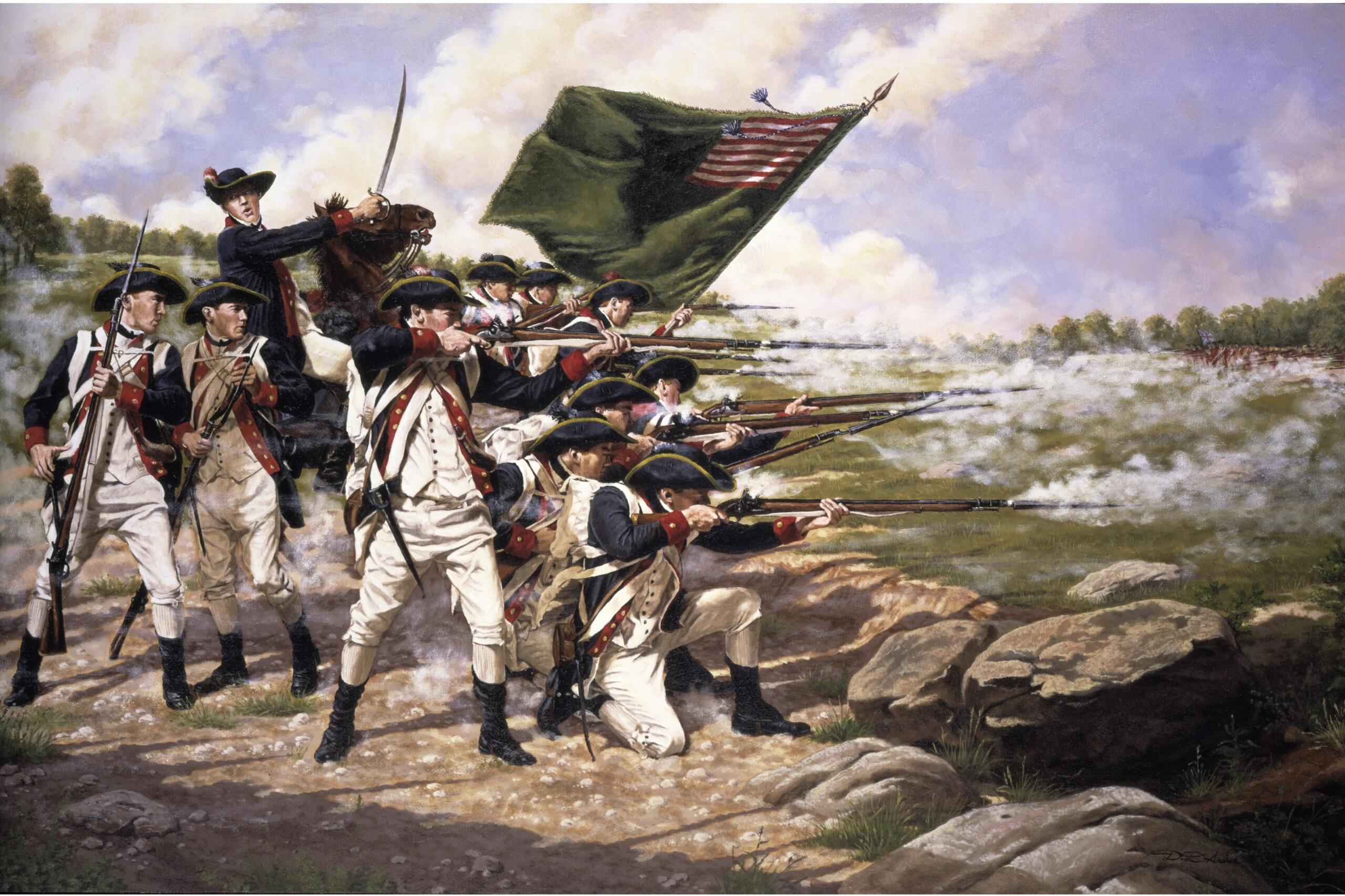 Painting of Continental soldiers firing muskets during the Battle of Long Island.