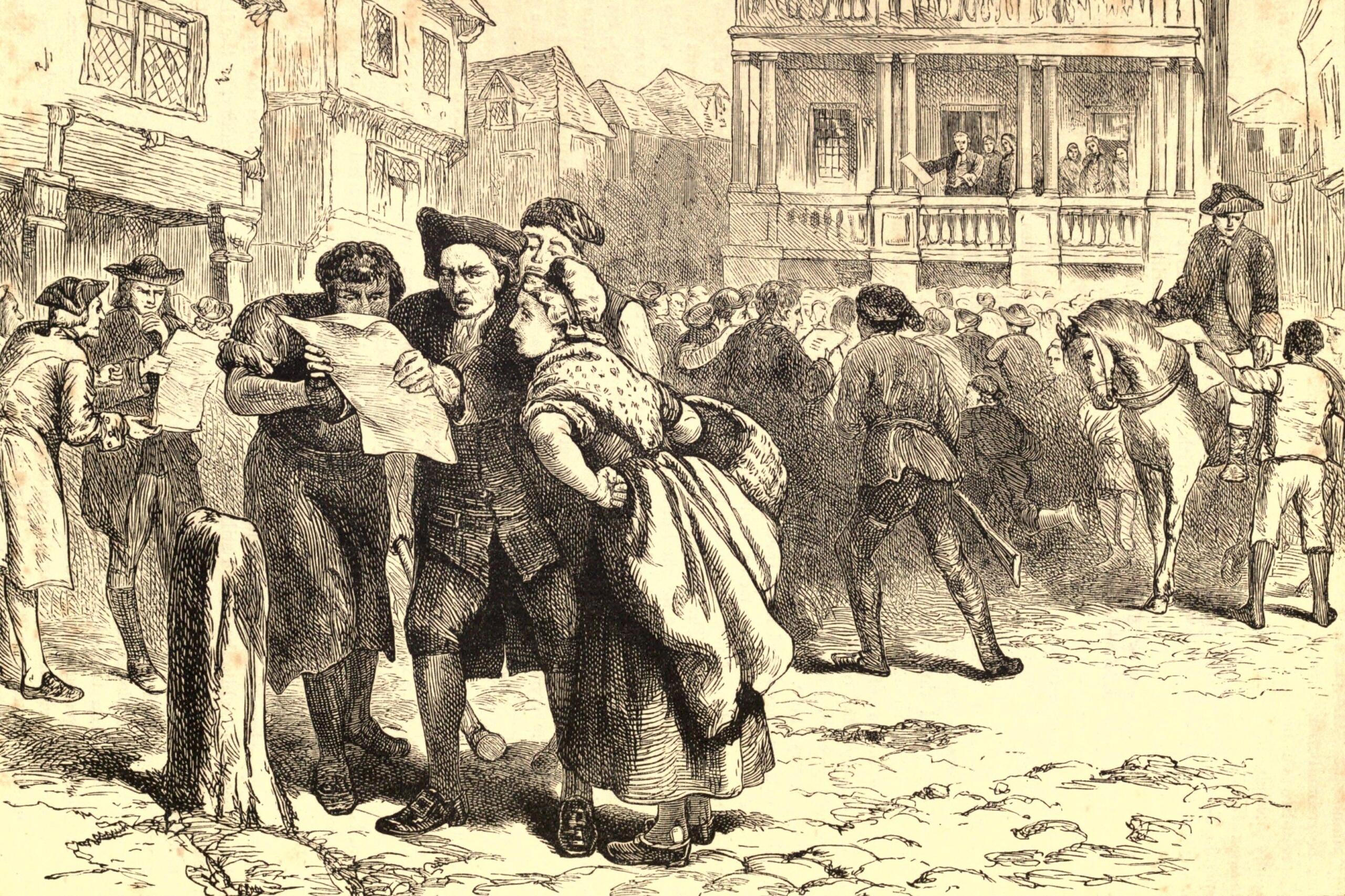 Engraving of colonists reading printed notices in a busy colonial street.