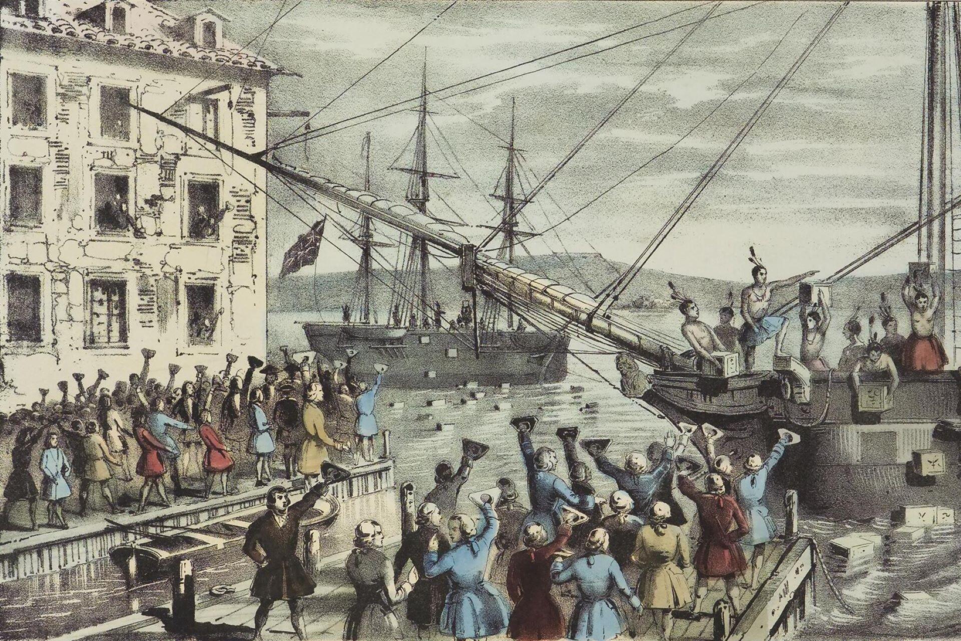 Color illustration of protesters throwing tea chests from a ship into Boston Harbor.
