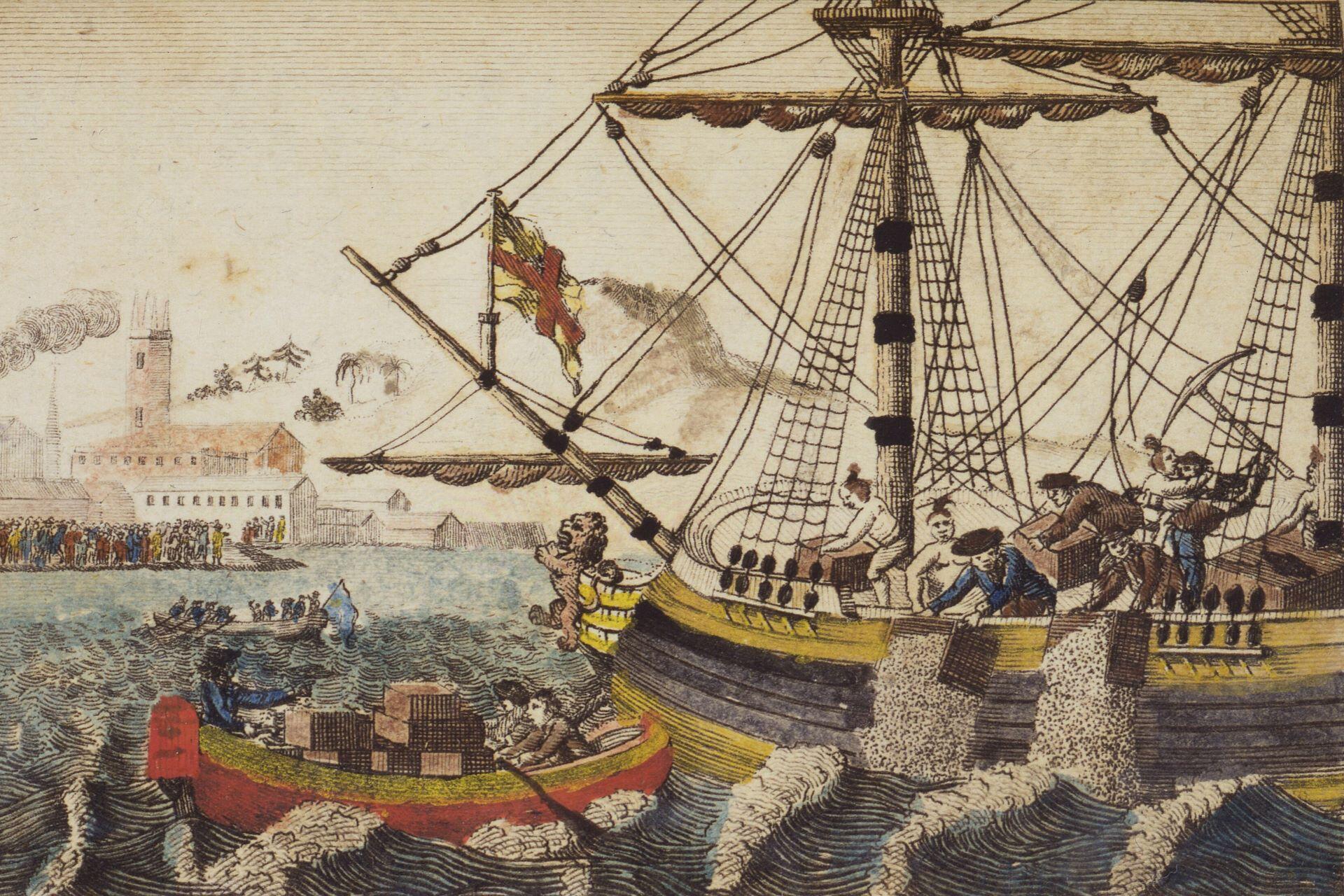 Colonists dumping chests of tea from a ship into Boston Harbor during the Boston Tea Party.