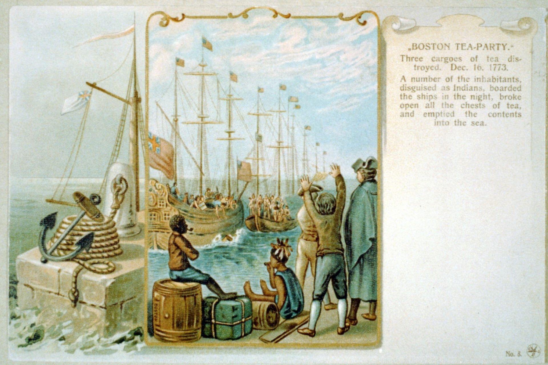 Historic illustration showing ships in Boston Harbor with text describing the Boston Tea Party on December 16, 1773.