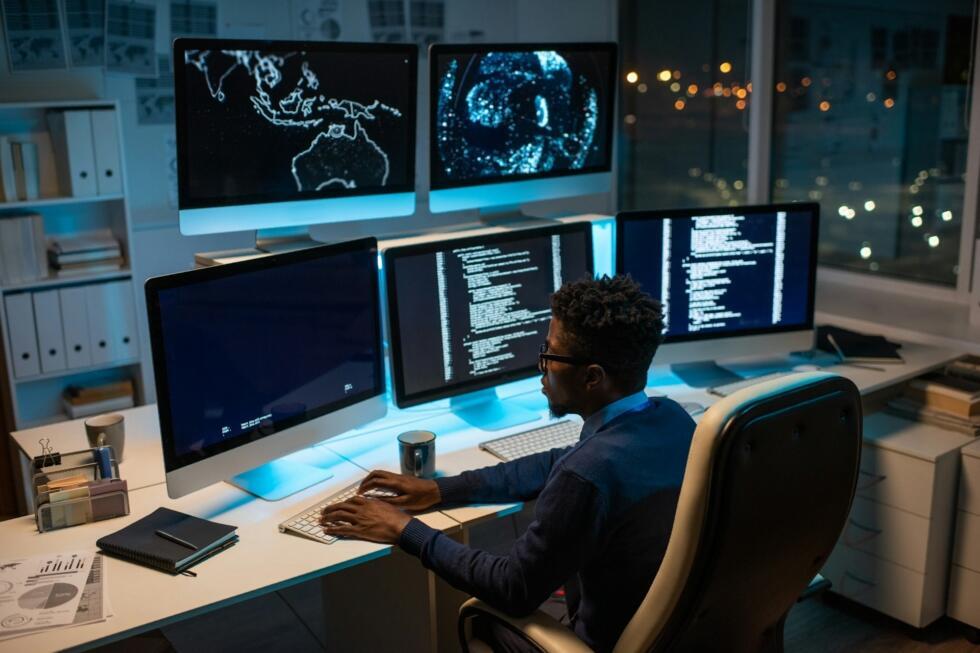 An engineer sitting at a desk in front of three computer screens.