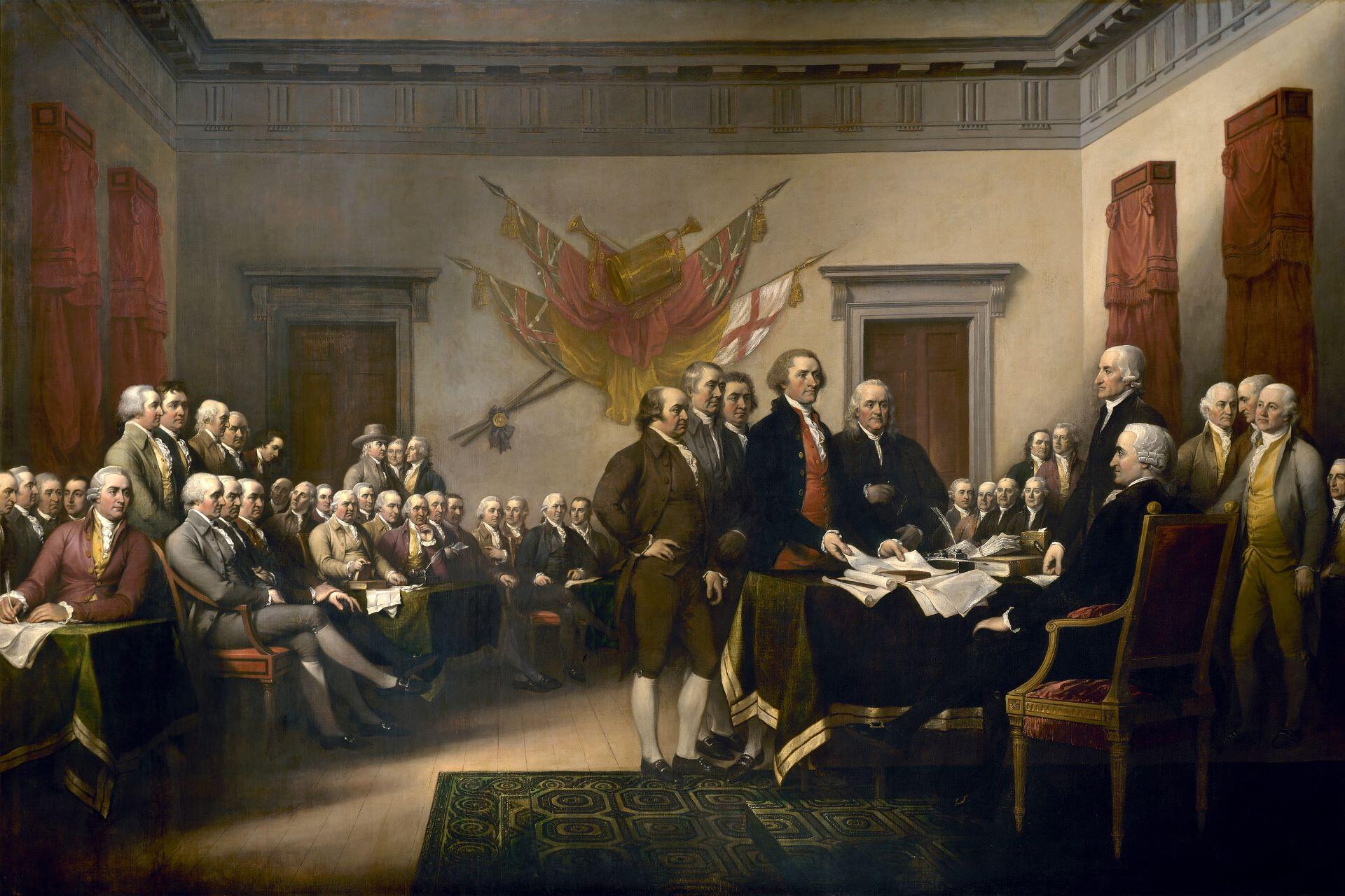 John Trumbull painting showing the Committee of Five presenting the draft Declaration of Independence to the Continental Congress.