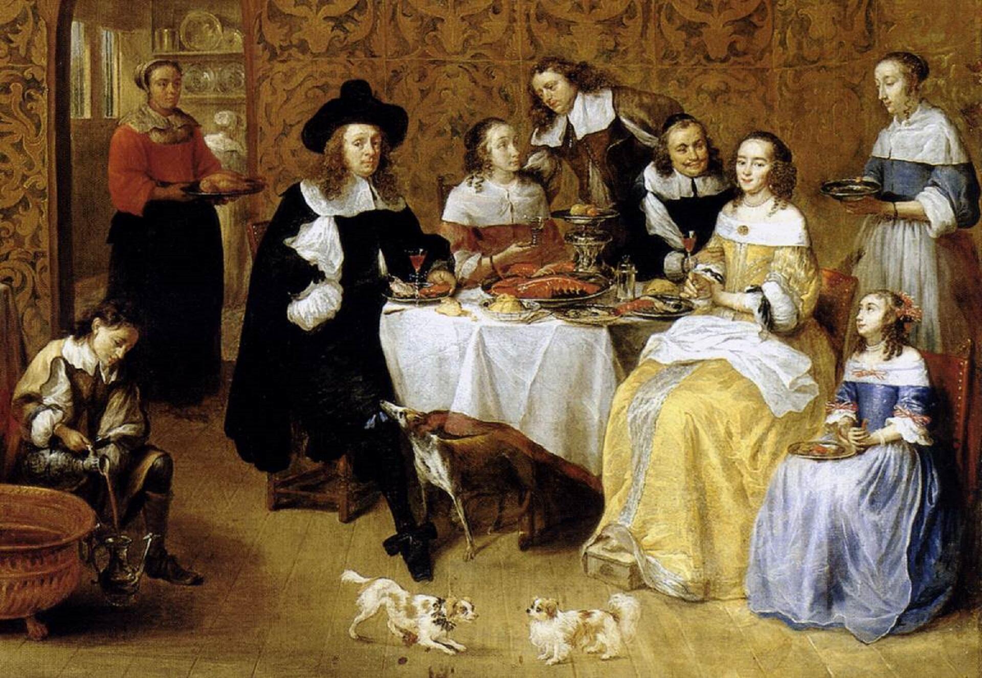 A family tableaux of well-dressed people in a sunny room.