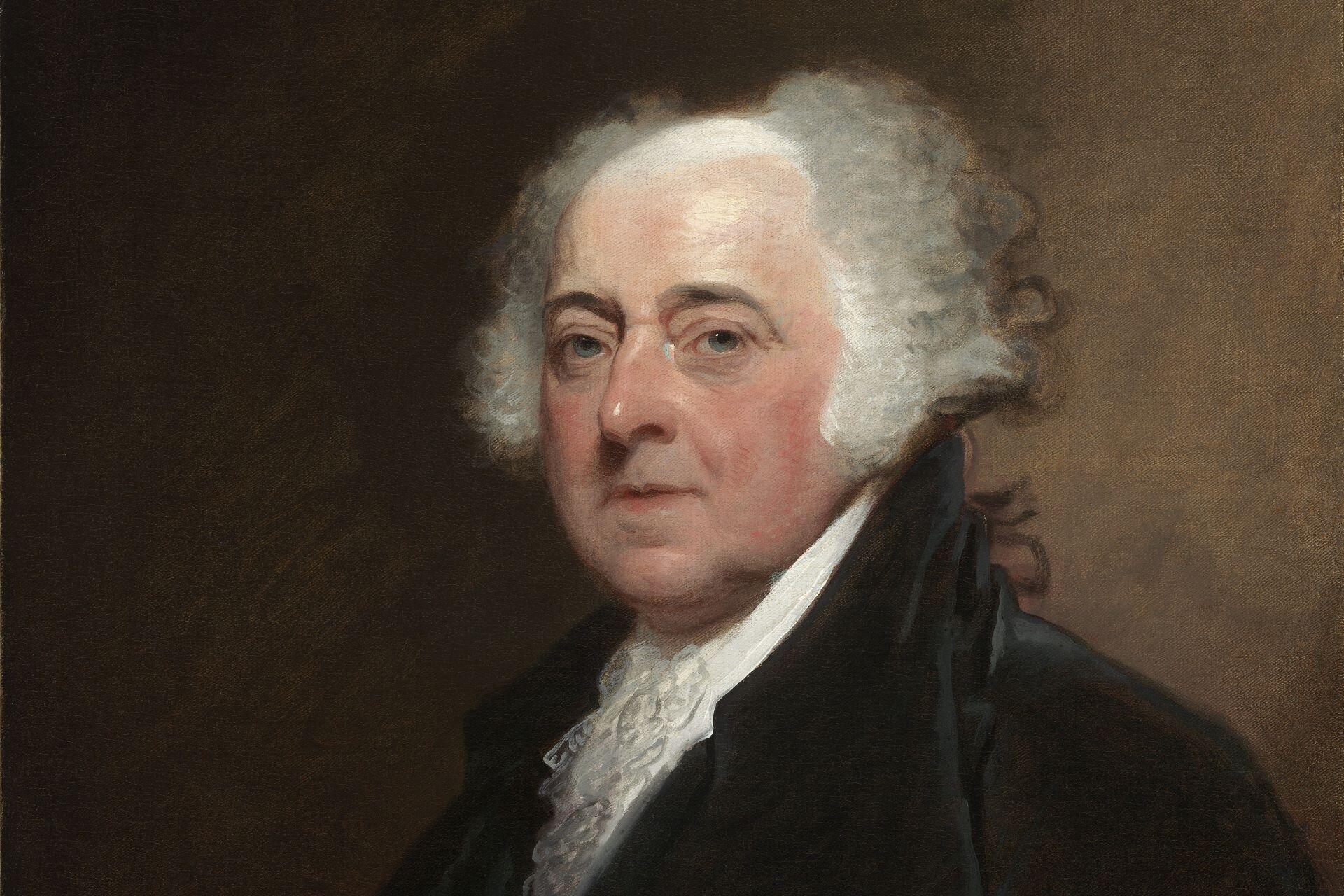 Portrait of John Adams wearing a dark coat and white cravat.