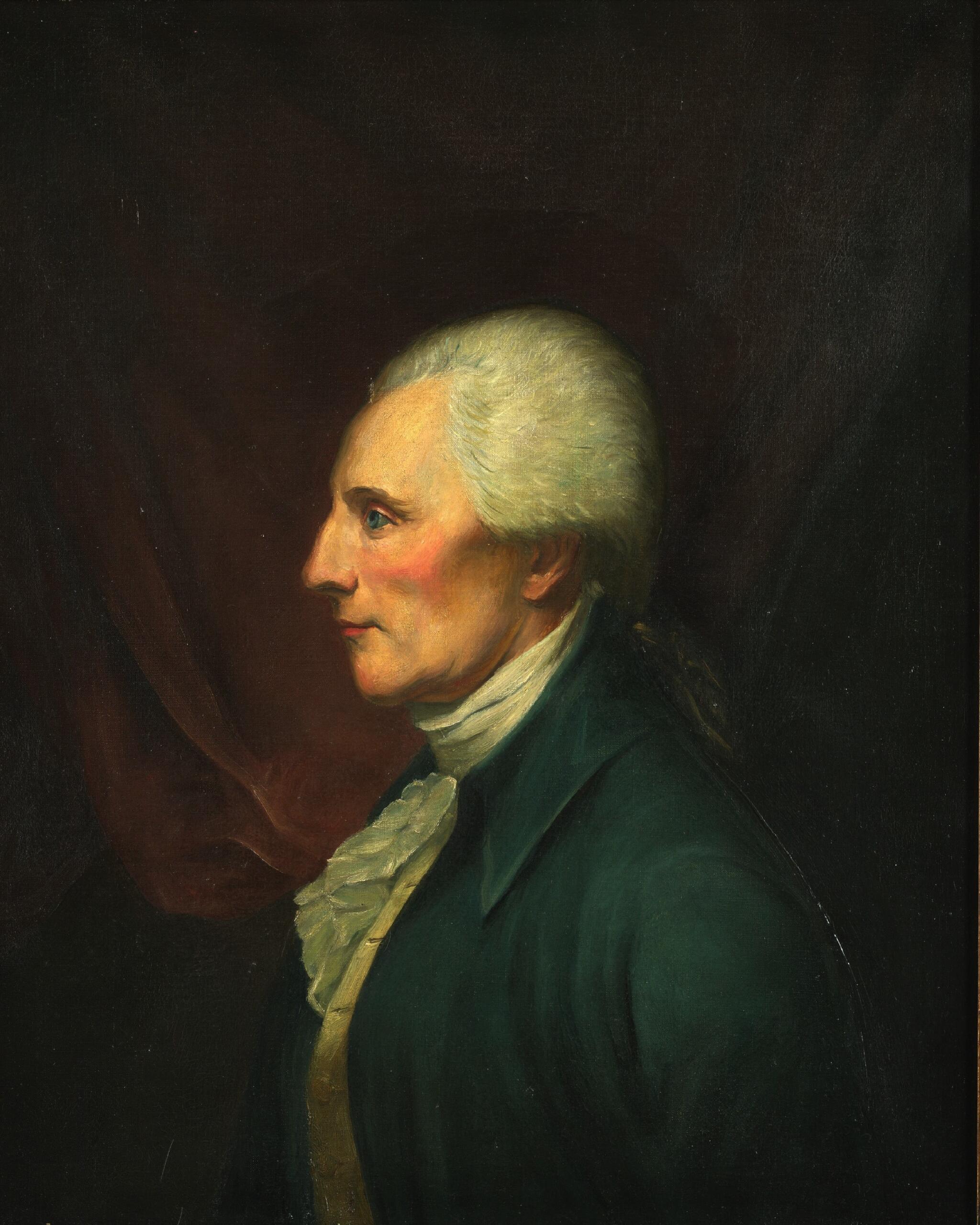 Portrait of an 18th-century statesman in profile against a dark background.
