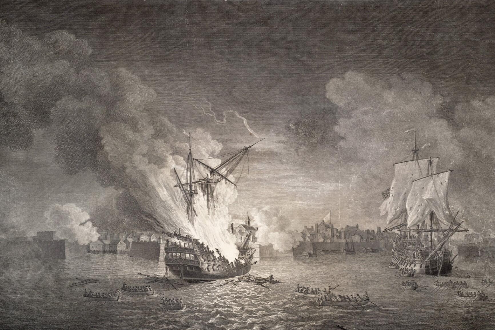 Engraving of a burning ship at sea during an 18th-century naval battle.