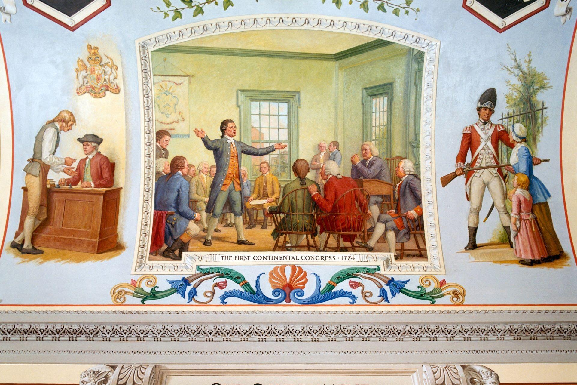Mural showing delegates gathered at the First Continental Congress in 1774.