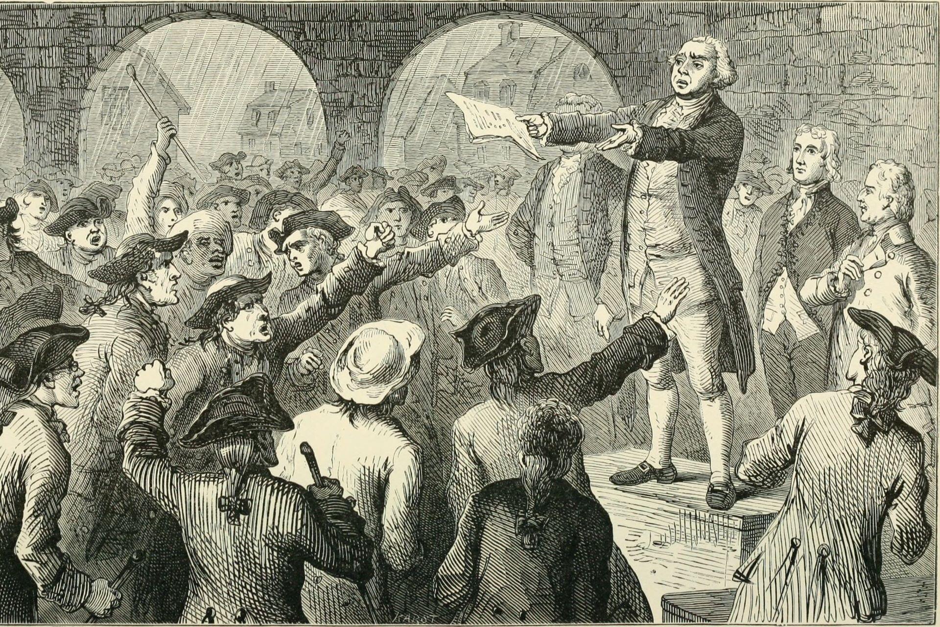 Colonial speaker addressing a crowded meeting about British tea policy and taxation.