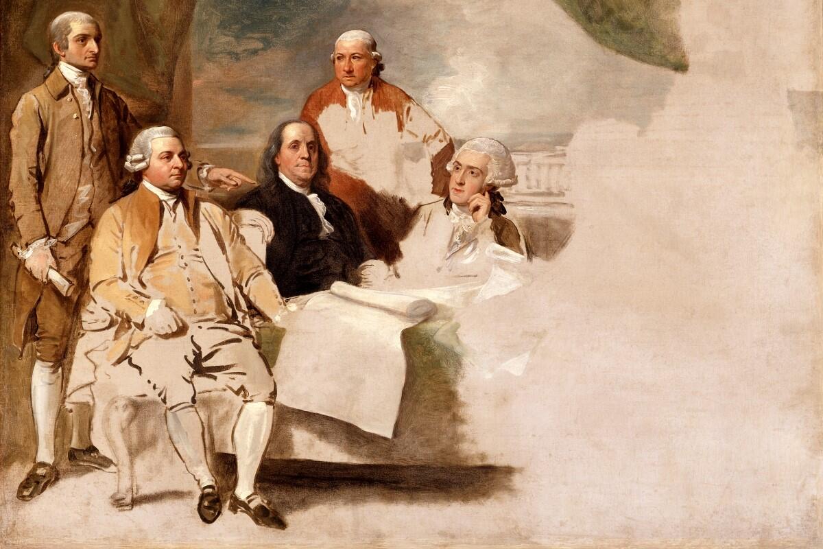 Painting of American diplomats gathered around a table for the Treaty of Paris.