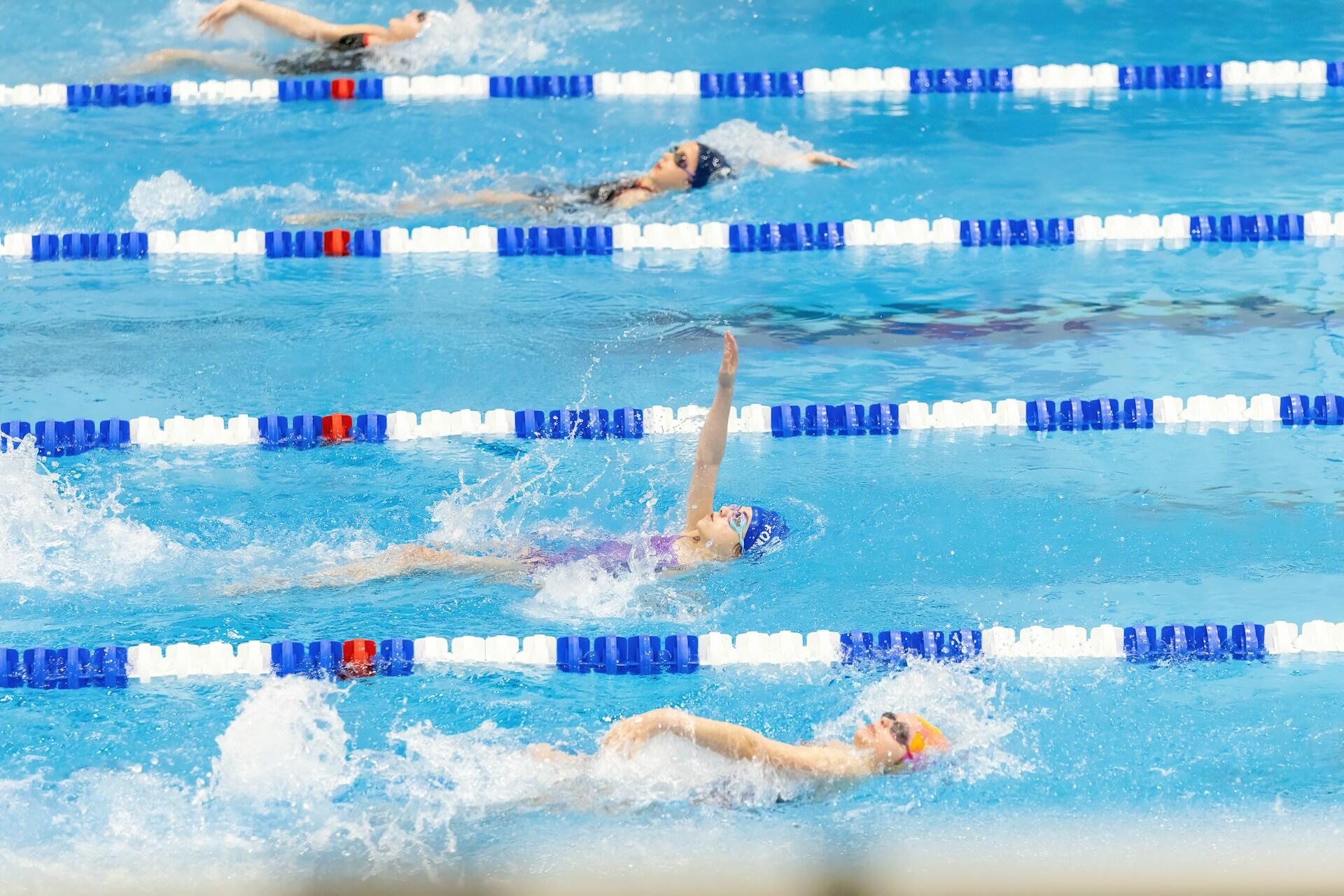 competitive swimmers racing side by side in olympic pool lanes