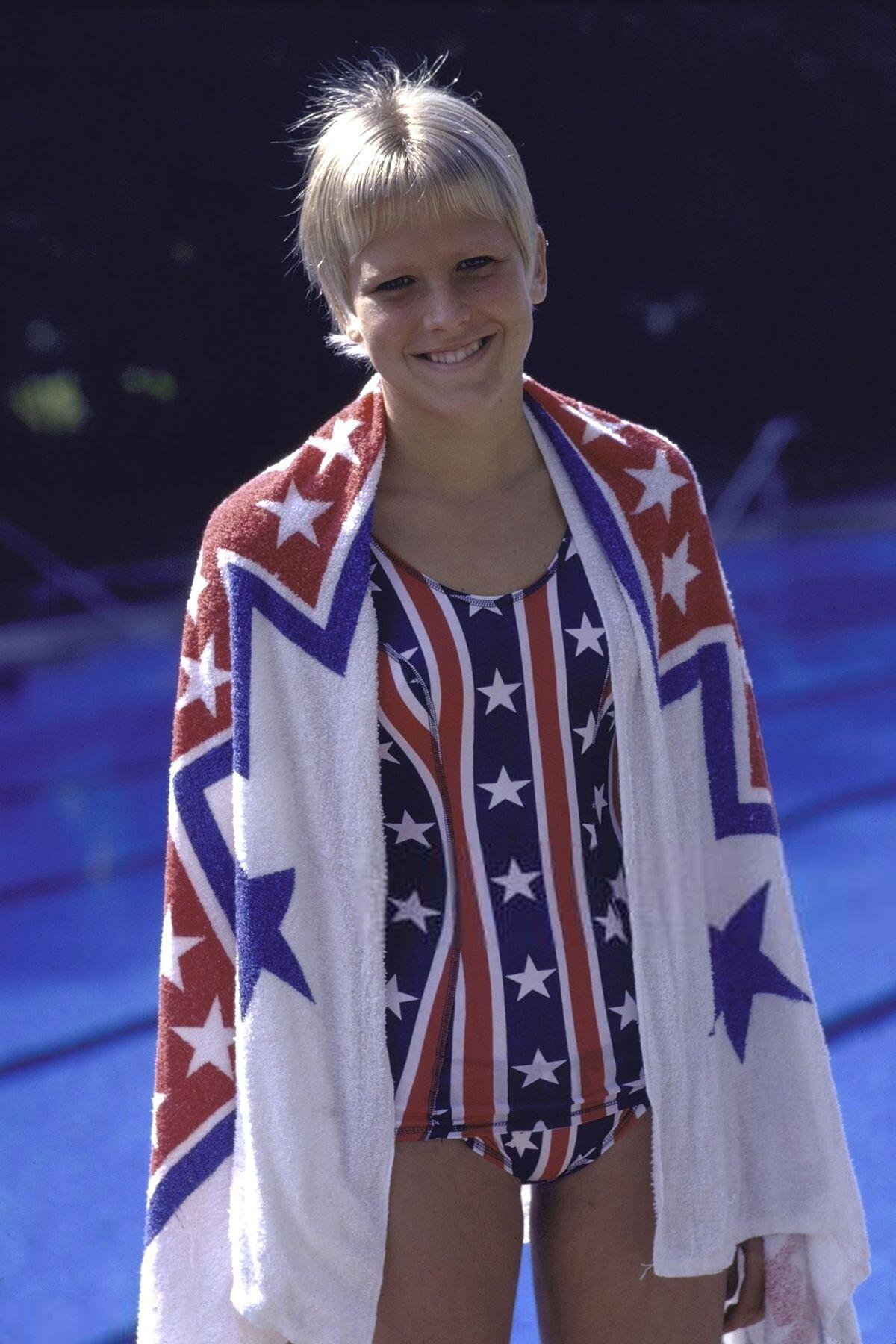 Shirley Babashoff with a USA bathing suit