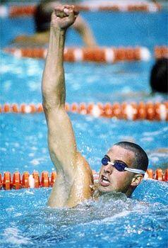 Matt Biondi celebrating inside the pool
