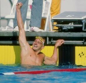 Rowdy Gaines celebrating a win inside the pool