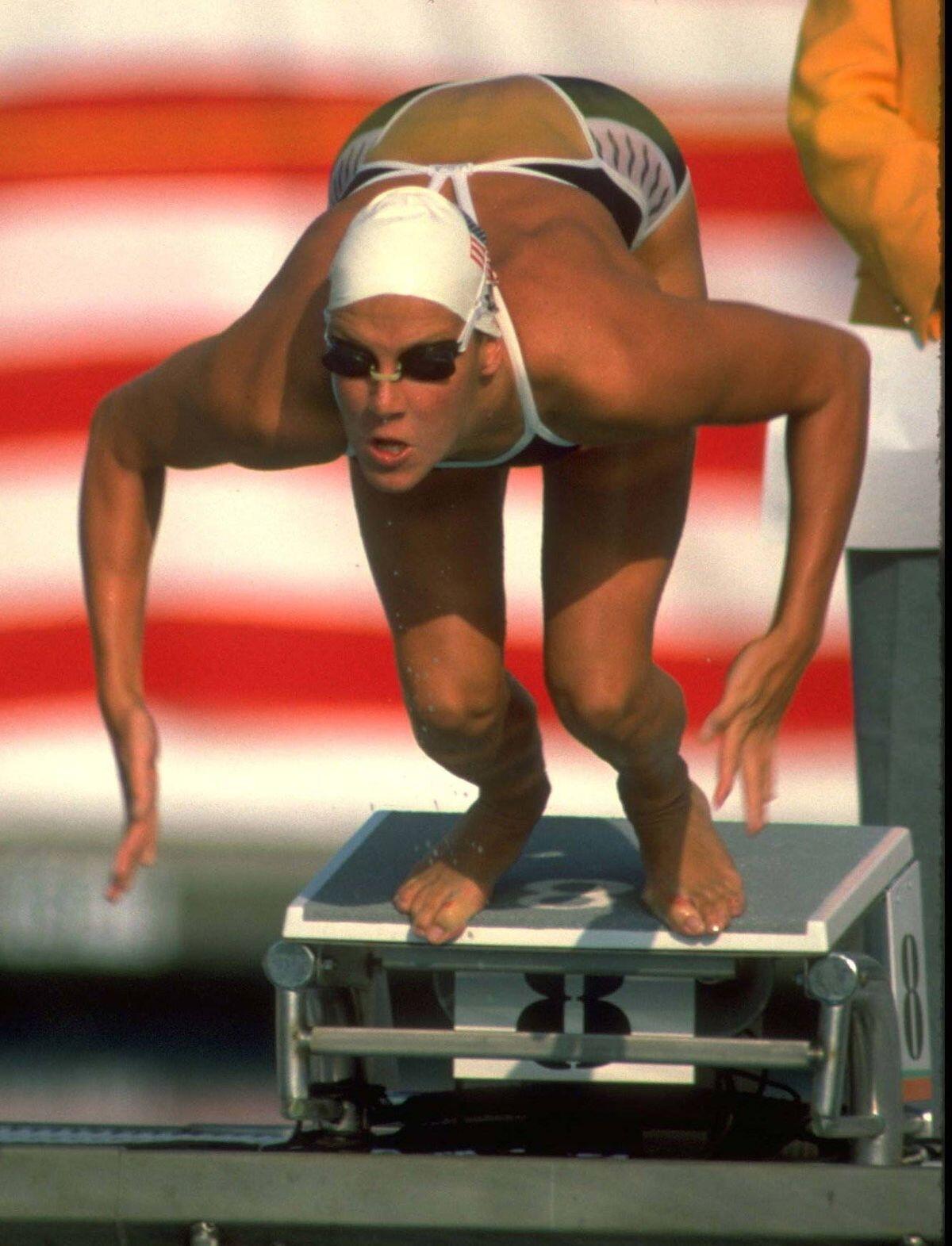 Tracy Caulkins about to jump in the pool for a race