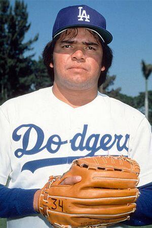 Fernando Valenzuela with his Dodgers baseball uniform
