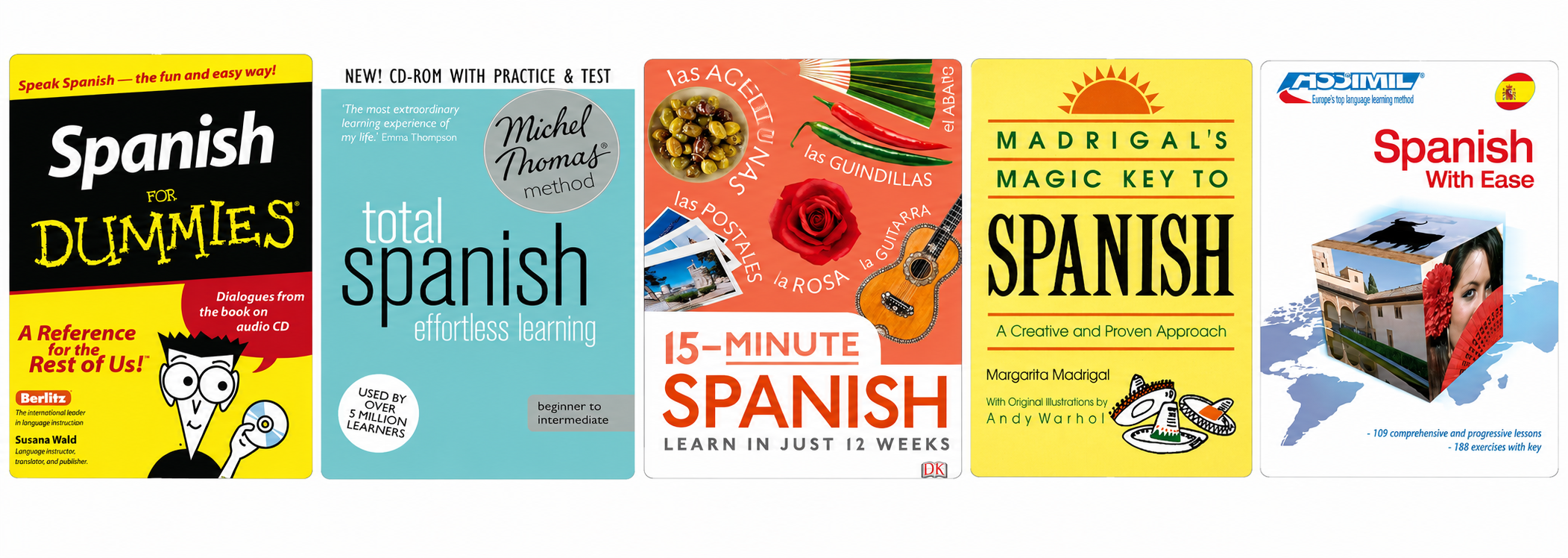 Covers of five Spanish language learning books, including 