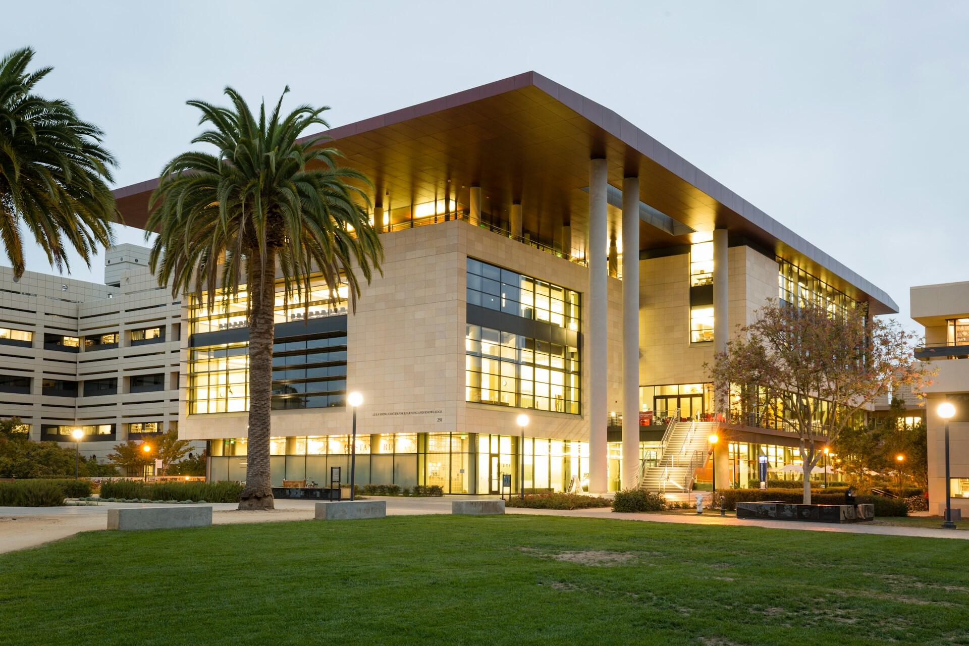 Stanford University School of Medicine campus in Stanford California with eucalyptus trees and modern medical research buildings