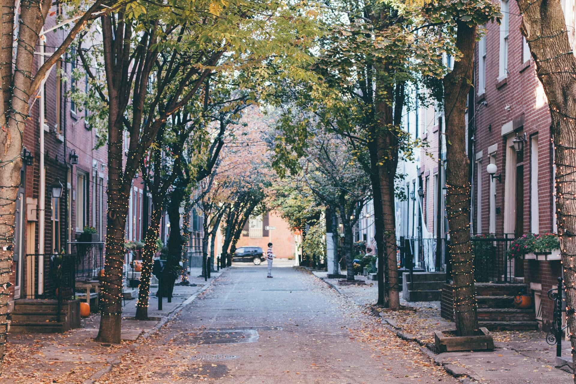 Tree-lined Philadelphia residential street between brick row houses