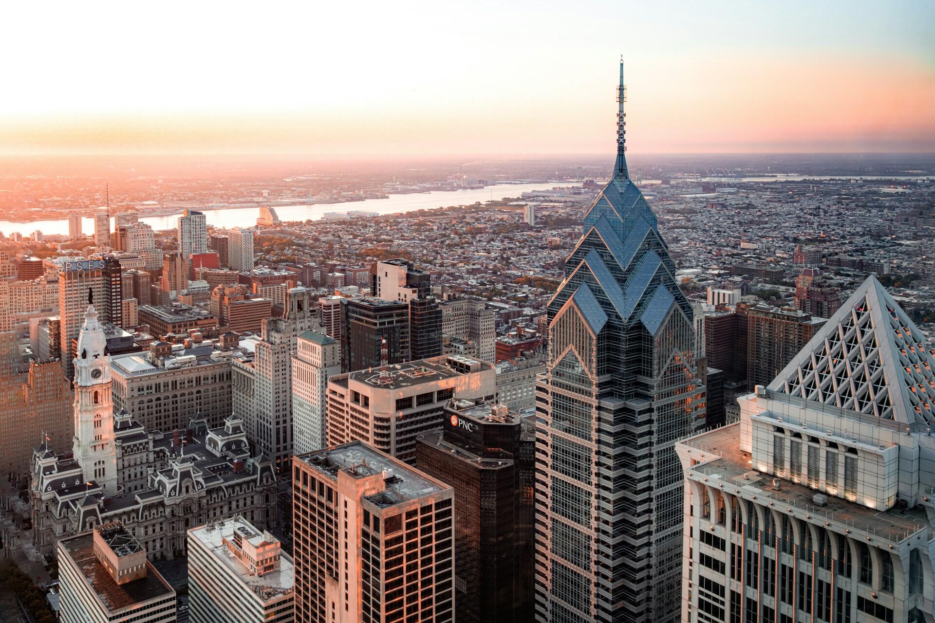 Aerial view of the Philadelphia skyline at sunset