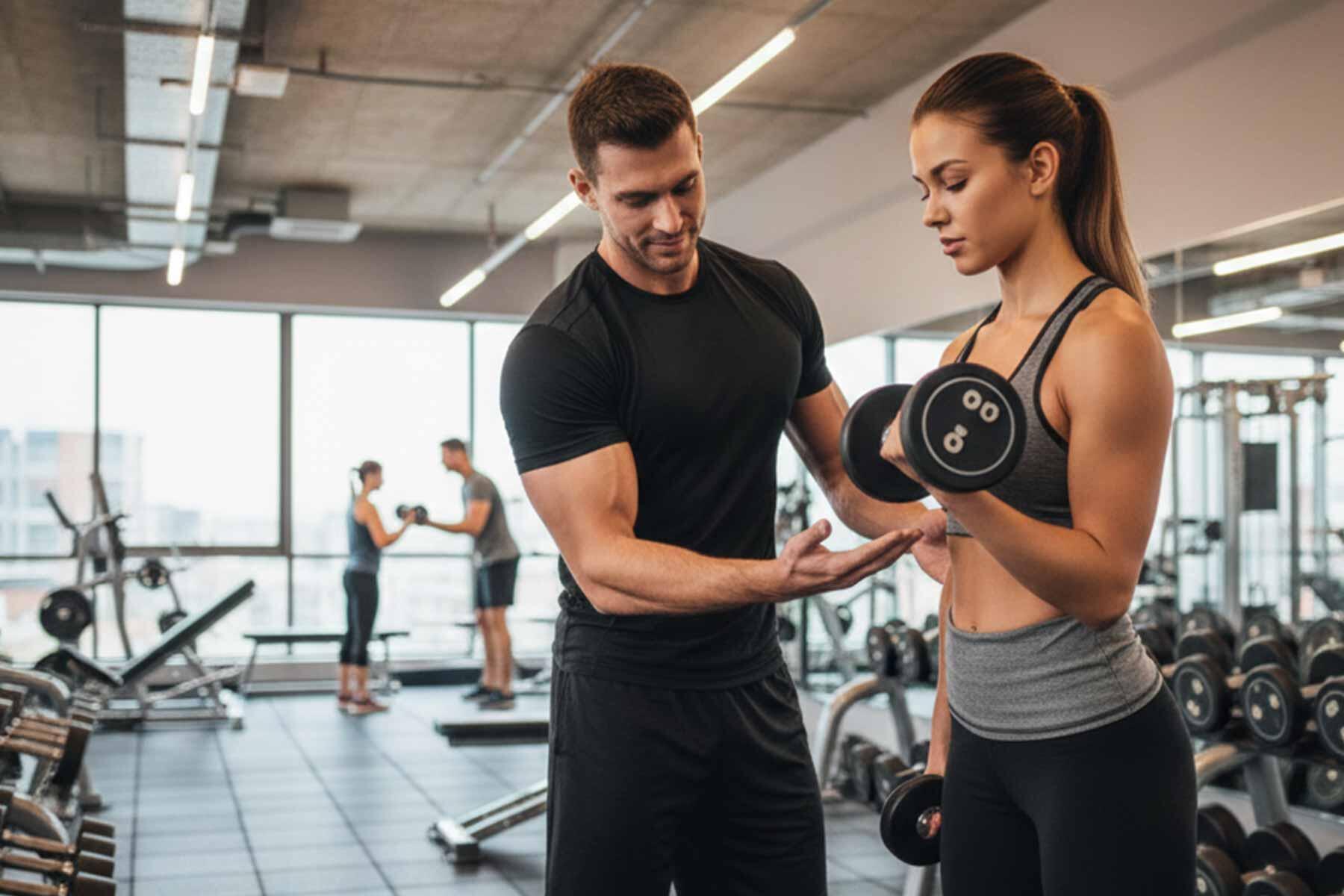 A personal fitness trainer assisting a client during a workout session in a gym