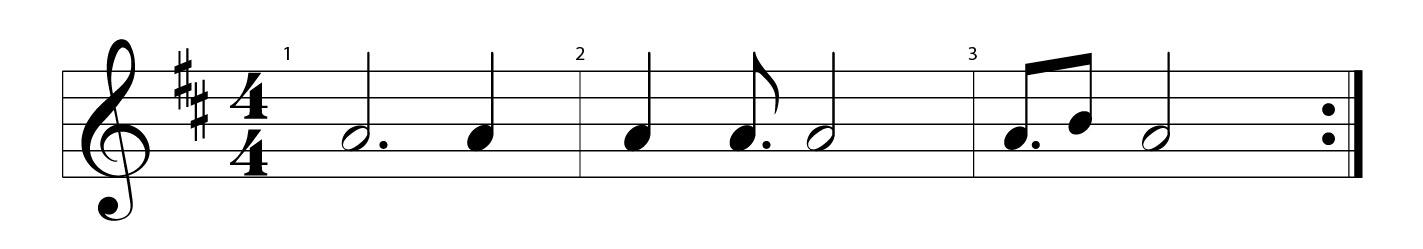 Examples of dotted notes on a staff, starting with a dotted half note followed by a quarter note