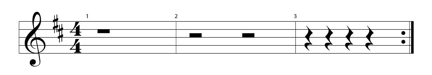 Three measures showing a whole rest, two half rests, and four quarter rests