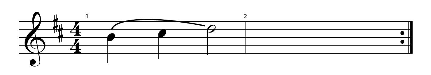 A slur curving over three rising notes, B, C sharp, and D, in one measure