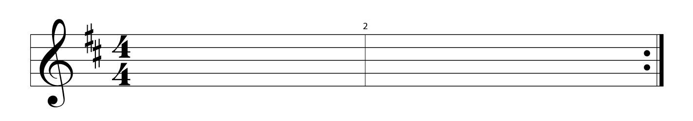 A five-line music staff with a treble clef, a key signature of two sharps, and a 4/4 time signature