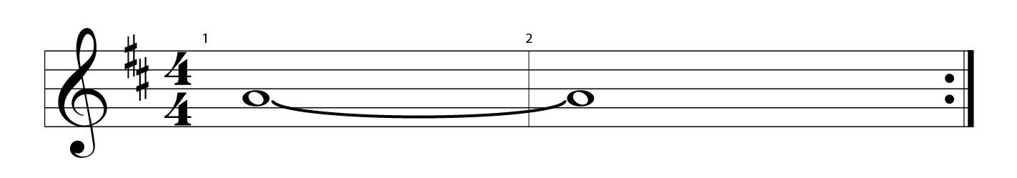 Two whole notes on A joined by a tie across a bar line