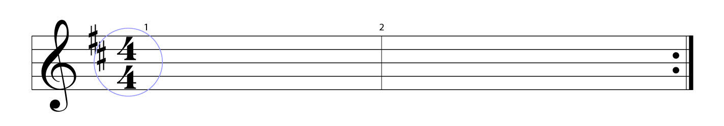 A 4/4 time signature circled on a music staff